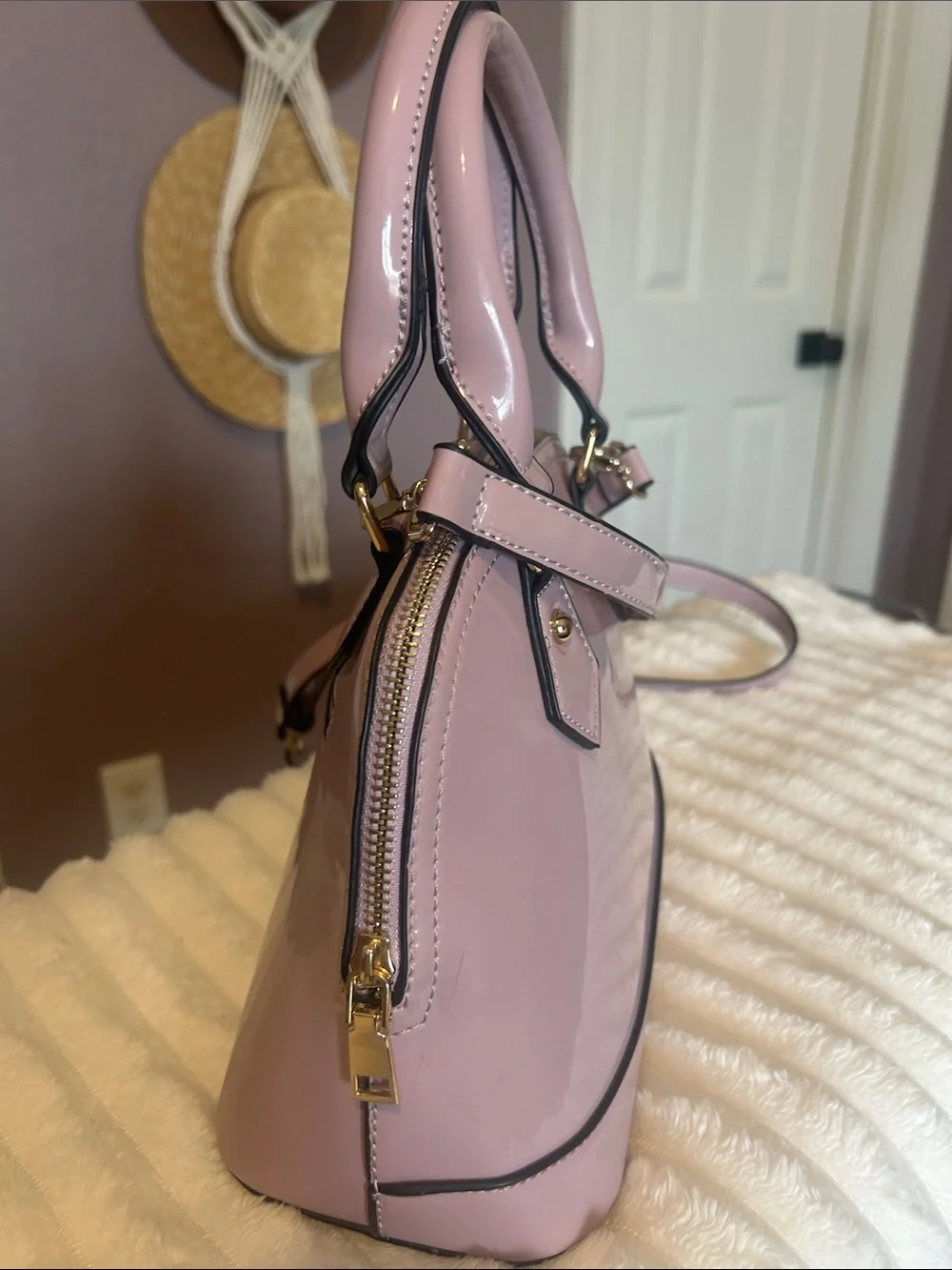 Patent Dome Satchel Handbag in Dusty Pink